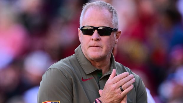 Arkansas Razorbacks athletics director Hunter Yurachek on sidelines against Auburn.